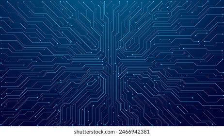 Thin circuit trace lines in blue on a dark technology background. Abstract digital tech bg. Electronics and computer technology concept. Chip and circuit board. Vector illustration. Chip connectors.