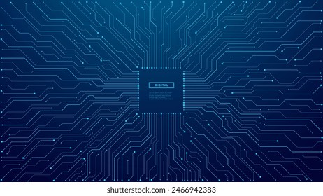 Thin circuit trace lines in blue on a dark technology background. Abstract digital tech bg. Electronics and computer technology concept. Chip and circuit board. Vector illustration with text space. 