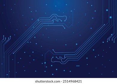 Thin circuit trace lines in blue on a dark technology background. Abstract digital tech bg. Electronics and computer technology concept. Chip and circuit board. Vector illustration.