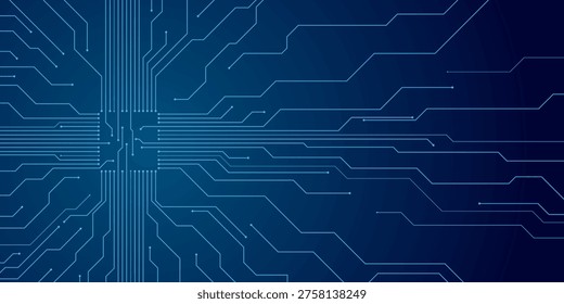 Thin circuit trace lines in blue on a dark technology background. Abstract digital tech bg. Electronics and computer technology concept. Chip and circuit board. Vector illustration. Chip connectors.