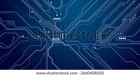Thin circuit trace lines in blue on a dark technology background. Abstract digital tech bg. Electronics and computer technology concept. Chip and circuit board. Vector illustration. Chip connectors.
