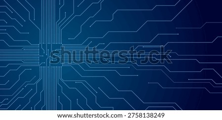 Thin circuit trace lines in blue on a dark technology background. Abstract digital tech bg. Electronics and computer technology concept. Chip and circuit board. Vector illustration. Chip connectors.