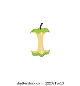 Núcleo delgado de manzana verde, desecho de alimentos de estilo plano, ilustración vectorial aislada en fondo blanco. Residuos orgánicos para el procesamiento de compost, la ecología y la protección del medio ambiente