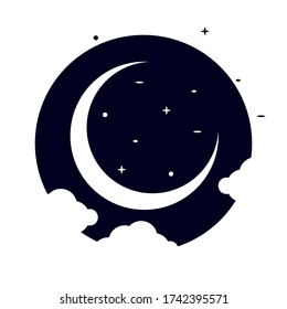 Thin crescent moon icon with stars, vector art illustration.