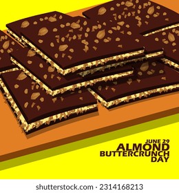 Thin crispy chocolate snack topped with crushed almonds called Almond Buttercrunch served on a wooden plate and bold text on yellow background to celebrate National Almond Buttercrunch Day on June 29