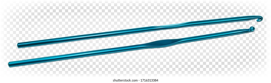 Thin crochet hooks in light blue. Vector 3d realistic illustration isolated white transparent background. Crochet tools. Needlework, handiwork, handmade.