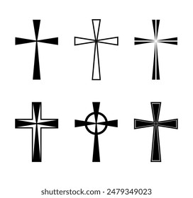 Thin cross set, silhouette of religious Christian symbol, icon shape collection. Outline emblem.