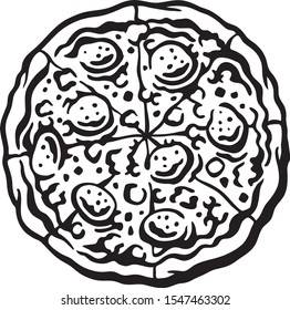 Thin crust pizza black and white isolated
