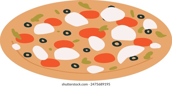 Pizza de corteza fina con un delicioso queso mozzarella, tomates jugosos maduros, aceitunas y hojas de albahaca. Pizza Margherita hecha a mano perfecta, diseño plano artístico. Caricatura pizza verduras, queso