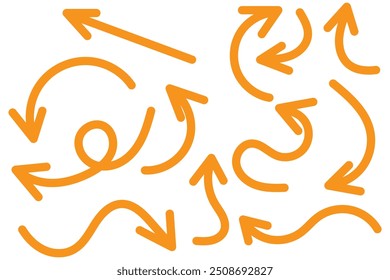 Thin curved arrows collection. Sketch arrows. Vector hand drawn arrows with curls, pointing different directions.