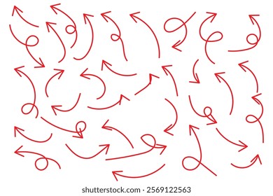 Thin curved arrows collection. Sketch arrows. Vector hand drawn arrows with curls, pointing different directions.