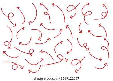 Thin curved arrows collection. Sketch arrows. Vector hand drawn arrows with curls, pointing different directions.