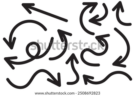 Thin curved arrows collection. Sketch arrows. Vector hand drawn arrows with curls, pointing different directions.