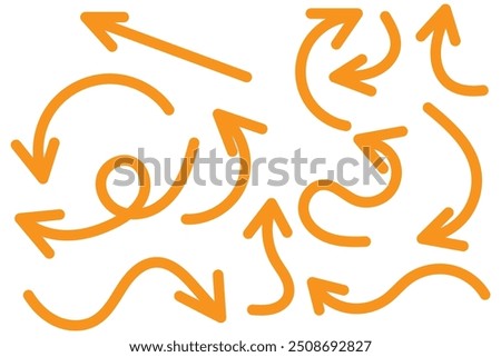 Thin curved arrows collection. Sketch arrows. Vector hand drawn arrows with curls, pointing different directions.
