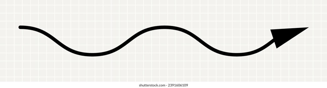 A thin, curved black arrow pointing to the right. Minimalistic solid playful pointer on a notebook sheet background.