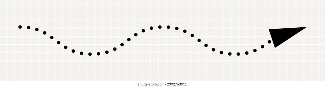 A thin, curved black arrow pointing to the right. A minimalistic playful pointer made of dots on a notebook background.