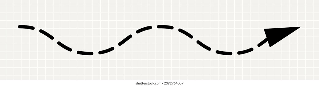 A thin, curved black arrow pointing to the right. A minimalistic playful pointer in the form of a dotted line on a notebook background.