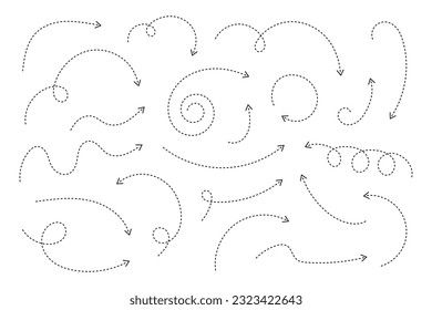 Thin curved dotted arrow. Zigzag arrow stripes design with dotted lines. Thin arrows. Vector illustration.