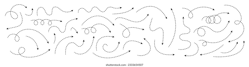 Thin curved dotted arrow. Zigzag arrow stripes design with dotted lines. Thin arrows. Vector illustration.