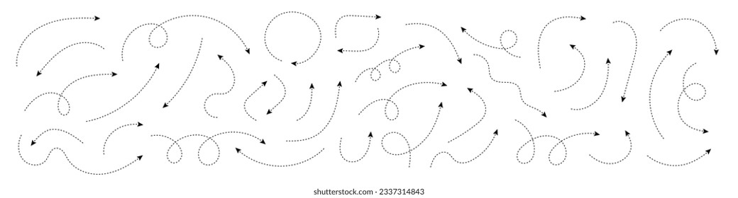 Thin curved dotted arrow. Zigzag arrow stripes design with dotted lines. Thin arrows. Vector illustration.