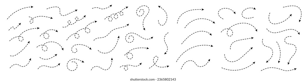 Flecha esbelta y curvada. Diseño de franjas de flecha zigzag con líneas punteadas. Flechas delgadas. Ilustración vectorial.