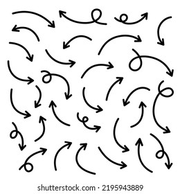 Thin curved sketch arrows collection. Vector hand drawn arrows with curls, pointing different directions