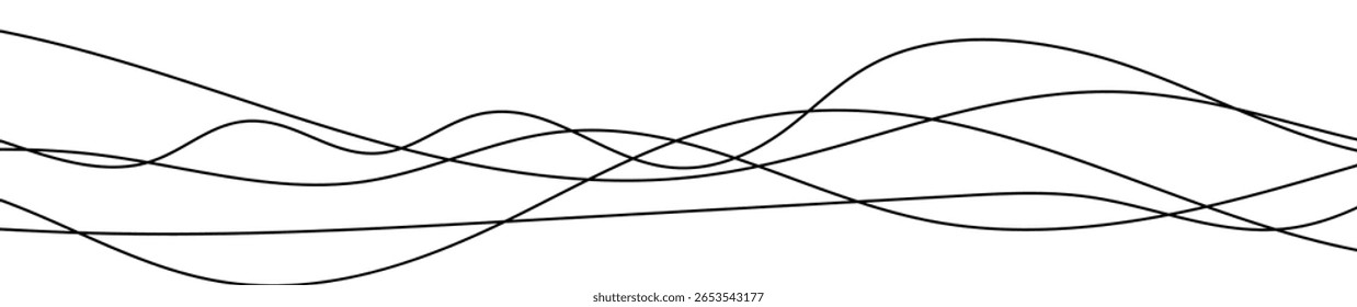 Líneas onduladas curvadas delgadas. Cinco líneas onduladas negras sobre fondo blanco. Ilustración vectorial