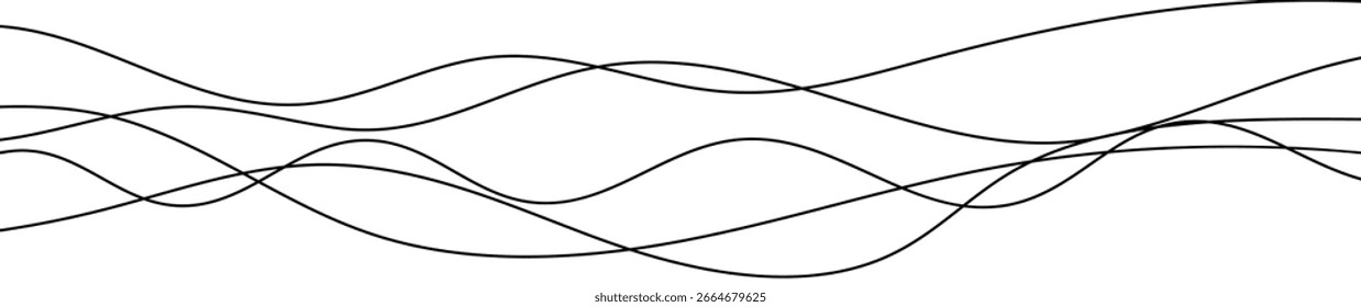 Líneas onduladas curvadas delgadas. Cinco líneas onduladas negras sobre fondo blanco. Ilustración vectorial