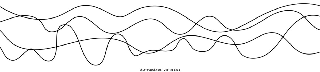 Líneas onduladas curvadas delgadas. Cuatro líneas onduladas negras sobre fondo blanco. Ilustración vectorial