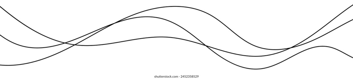Thin curved wavy lines. Three black wavy lines on white background. Vector illustration