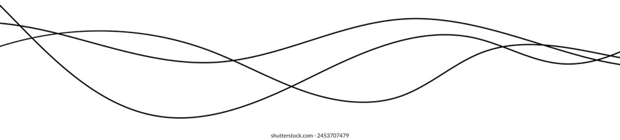 Thin curved wavy lines. Three black wavy lines on white background. Vector illustration
