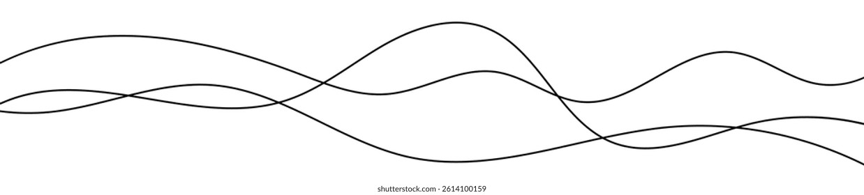 Thin curved wavy lines. Three black wavy lines on white background. Vector illustration