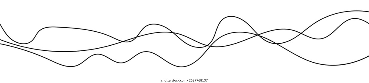 Thin curved wavy lines. Three black wavy lines on white background. Vector illustration