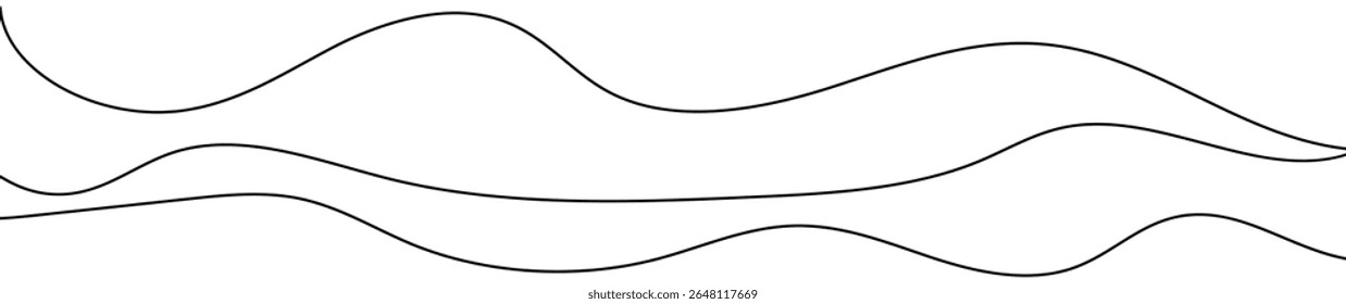 Thin curved wavy lines. Three black wavy lines on white background. Vector illustration