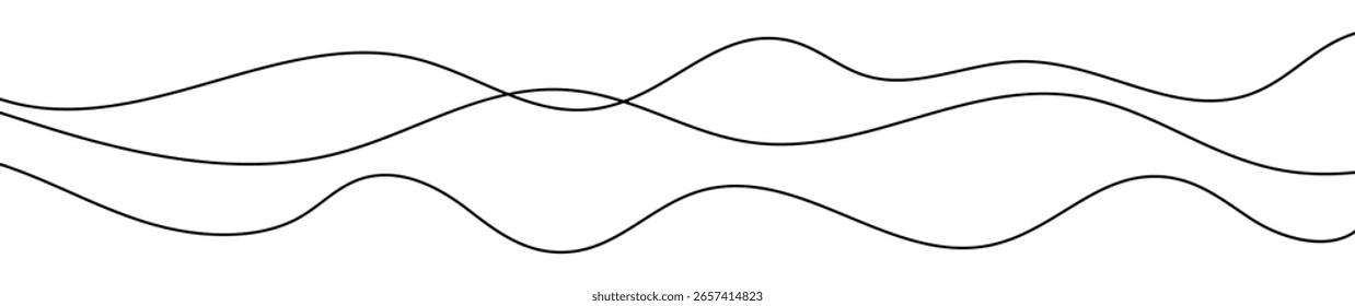 Thin curved wavy lines. Three black wavy lines on white background. Vector illustration