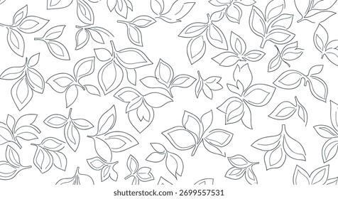 Finas linhas azuis tracejadas formam folhas e ramos elegantes espalhados por um fundo branco, criando um padrão suave e moderno.