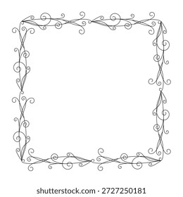 Dünner dekorativer quadratischer Rahmen aus Wirbel, eleganter Umriss anspruchsvolles Ornament, minimalistische lineare handgezeichnete Illustration für Einladungen, Karten, Scrapbooking-Dekor