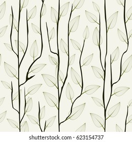 Thin delicate tree branch with leaves. Seamless fashionable floral background, wallpaper