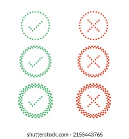 Thin dot check mark icons set isolated on white background. Green tick and red cross check marks buttons in flat style. Yes or No or confirm or reject signs. Vector EPS 10.