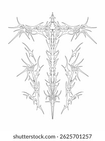 Thin double cross design with spiked thorn structures, minimalist yet detailed with a sacred and futuristic tribal gothic vibe.