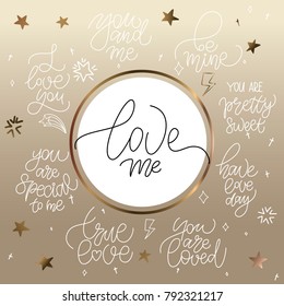Thin drawn art illustration of logotypes of phrases for Saint Valentines Day on beige gradient background with stars and other golden and white icons.Promotional and celebration vector calligraphy tex