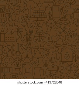 Thin Ecology Environment Line Seamless Brown Pattern. Vector Website Design and Tile Background in Trendy Modern Outline Style. Eco and Green Power.