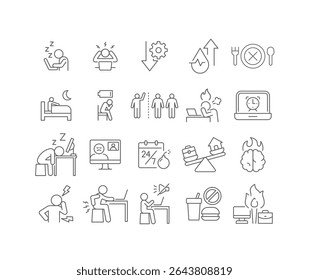 Thin Editable Stroke Icons of Tired Remote Workers Facing Burnout, Insomnia, Distraction, Productivity Drop, Work Life Imbalance, and Mental Exhaustion