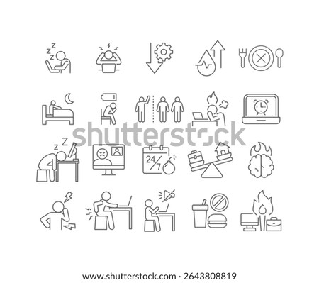 Thin Editable Stroke Icons of Tired Remote Workers Facing Burnout, Insomnia, Distraction, Productivity Drop, Work Life Imbalance, and Mental Exhaustion