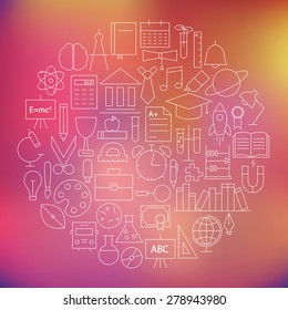 Thin Education and School Line Knowledge Icons Set Circle Shaped. Vector Illustration of Knowledge Objects over Blurred Background