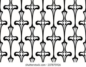 Thin Elegant Forged Black Garland Seamless Pattern with Wavy Elements on White Background