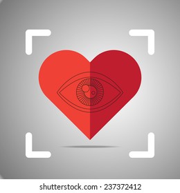 Thin eye icon on red paper heart , vector EPS 10.