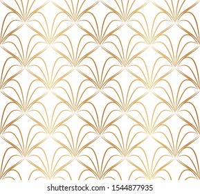 Thin fan tiles seamless pattern. Beautiful geometric background. Graphic backdrop. Elegant fishnet with golden lines flower. Art deco gold lattice. Modern stylish texture.  Exquisite subtle wallpaper