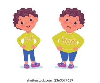 Thin and fat boy. Happy slim kid. Upset obese child. Body adiposity. Weight loss. Lifestyle change. Diet or fitness workout. Standing skinny guy. Overweight teenager