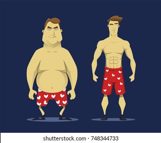 Thin and fat cartoon guys. From fat to thin when guy becomes thin. Before and after. Flat design
